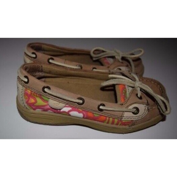 EUC SPERRY TOP SIDER GIRLS ANGELFISH FLORAL BROWN TAN BOAT DECK SHOES SIZE 12.5 - Picture 2 of 7
